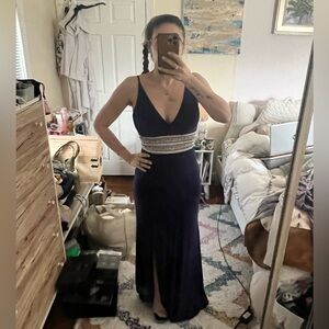 Beaded Waist V-Neck Maxi Dress in Navy